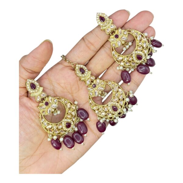 Mehandi Necklace Set- Maroon Color Stones And Beads Hangings- Chandbali Earrings- With Maati, Product Code: V-2455 - Image 3