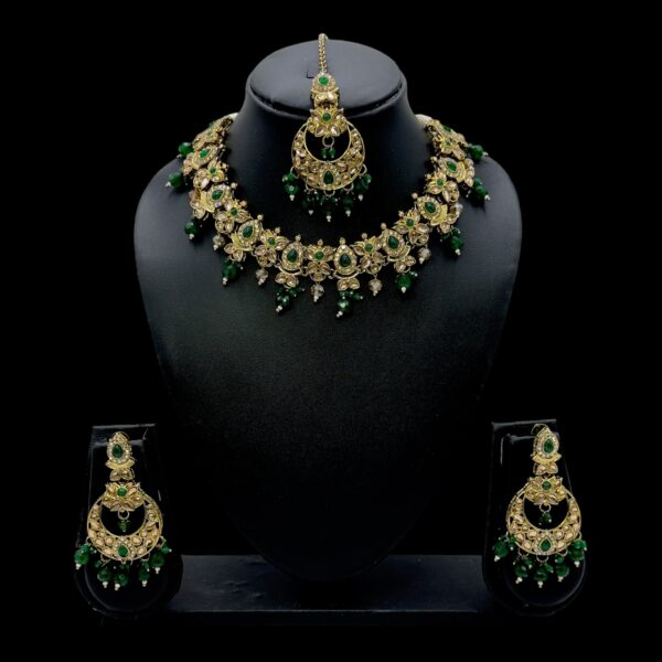 Mehandi Necklace Set- Green Color Stones And Beads Hangings- Chandbali Earrings- With Maati, Product Code: V-2456