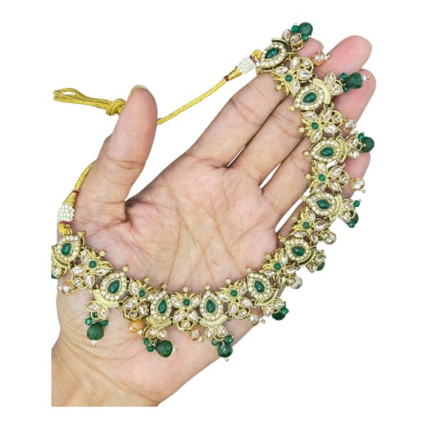 Mehandi Necklace Set- Green Color Stones And Beads Hangings- Chandbali Earrings- With Maati, Product Code: V-2456 - Image 2