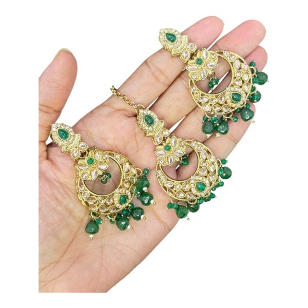 Mehandi Necklace Set- Green Color Stones And Beads Hangings- Chandbali Earrings- With Maati, Product Code: V-2456 - Image 3