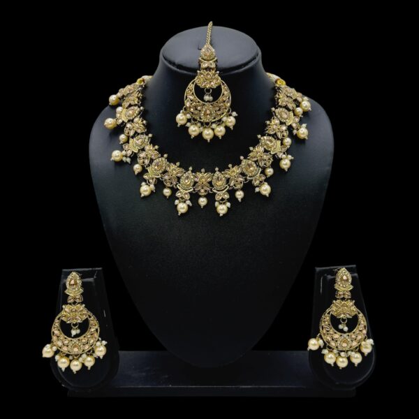 Mehandi Necklace Set- Golden Color Stones And Beads Hangings- Chandbali Earrings- With Maati, Product Code: V-2457