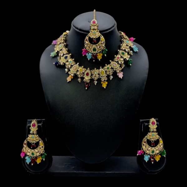 Mehandi Necklace Set- Multi Color Stones And Beads Hangings- Chandbali Earrings- With Maati, Product Code: V-2458