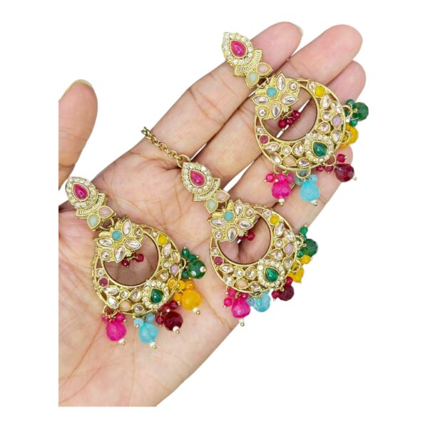 Mehandi Necklace Set- Multi Color Stones And Beads Hangings- Chandbali Earrings- With Maati, Product Code: V-2458 - Image 3