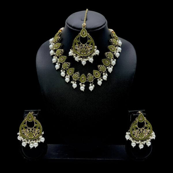 Mehandi Necklace Set- Green Color And White Beads Hangings- Chandbali Earrings- With Maati, Product Code: V-2459