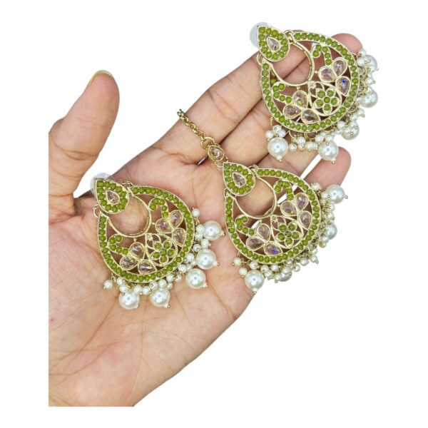 Mehandi Necklace Set- Green Color And White Beads Hangings- Chandbali Earrings- With Maati, Product Code: V-2459 - Image 3