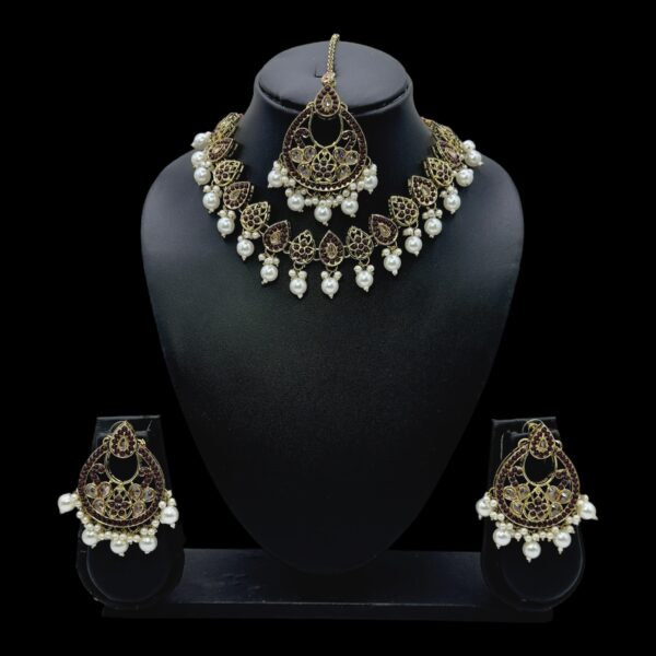 Mehandi Necklace Set- Maroon Color And White Beads Hangings- Chandbali Earrings- With Maati, Product Code: V-2460