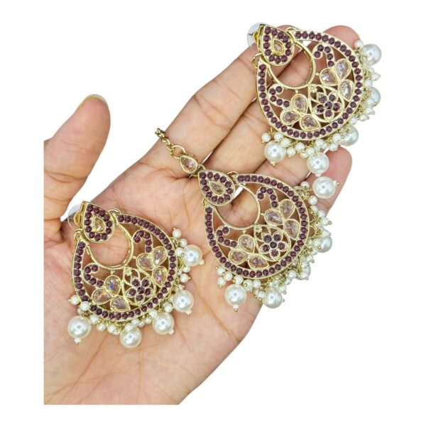 Mehandi Necklace Set- Maroon Color And White Beads Hangings- Chandbali Earrings- With Maati, Product Code: V-2460 - Image 3