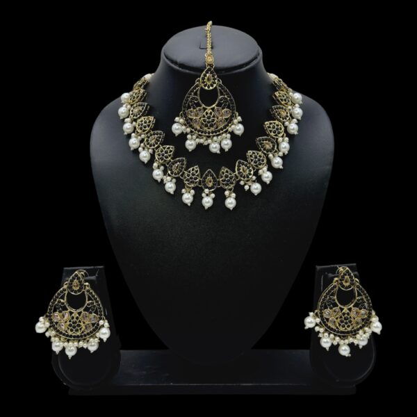 Mehandi Necklace Set- Black Color And White Beads Hangings- Chandbali Earrings- With Maati, Product Code: V-2461