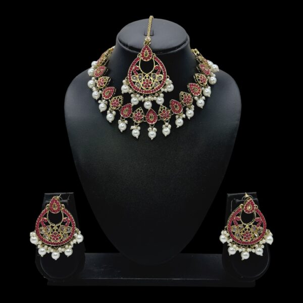 Mehandi Necklace Set- Pink Color And White Beads Hangings- Chandbali Earrings- With Maati, Product Code: V-2462