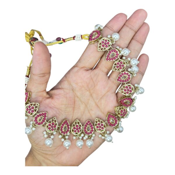 Mehandi Necklace Set- Pink Color And White Beads Hangings- Chandbali Earrings- With Maati, Product Code: V-2462 - Image 2