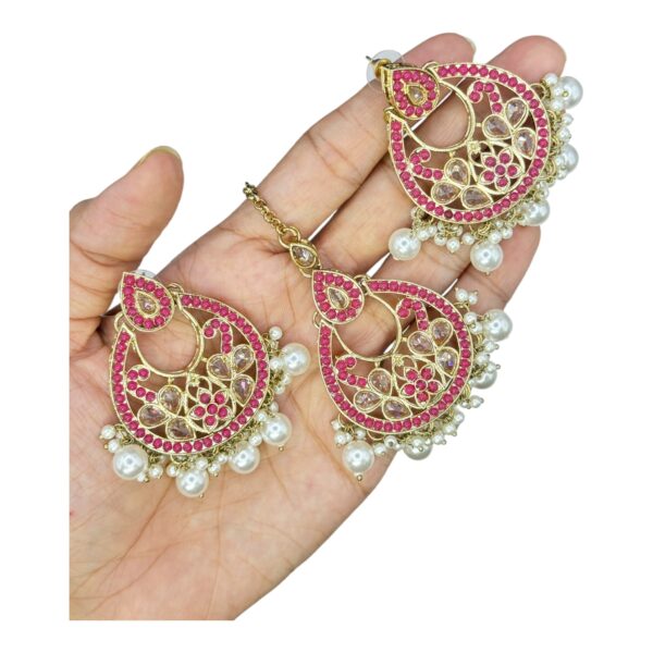 Mehandi Necklace Set- Pink Color And White Beads Hangings- Chandbali Earrings- With Maati, Product Code: V-2462 - Image 3