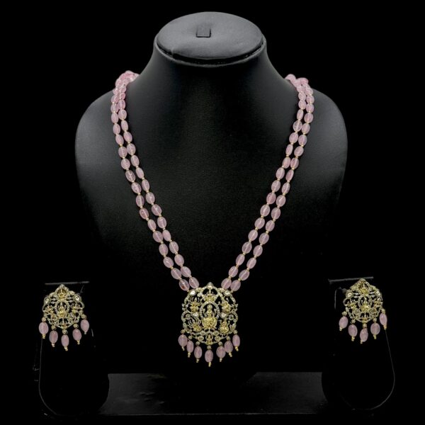 Victorian Necklace- Baby Pink Color Stones- Lakshmi Design- AD Stones- Hanging Studs, Product Code: V-1575