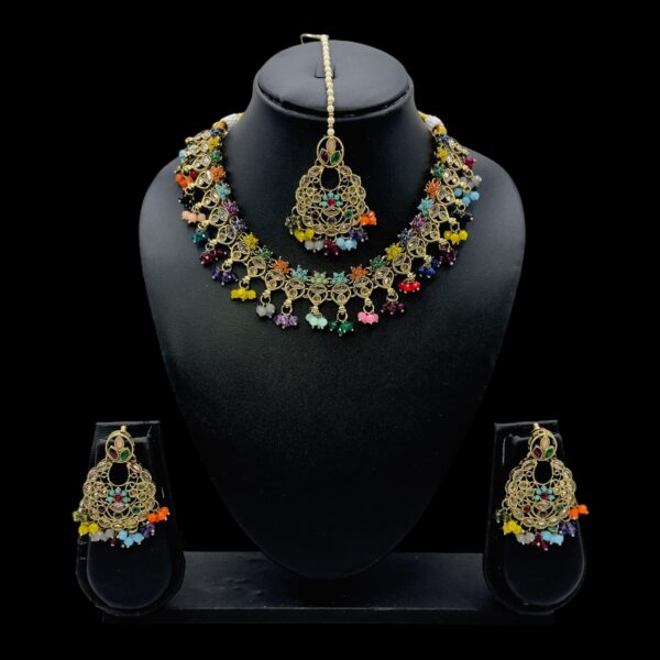 Mehandi Necklace Set- Multi Color- Hanging Earrings- With Maati, Product Code: V-2463