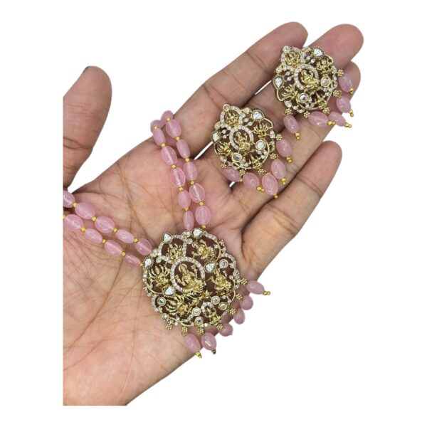 Victorian Necklace- Baby Pink Color Stones- Lakshmi Design- AD Stones- Hanging Studs, Product Code: V-1575 - Image 2