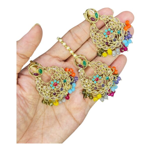 Mehandi Necklace Set- Multi Color- Hanging Earrings- With Maati, Product Code: V-2463 - Image 3