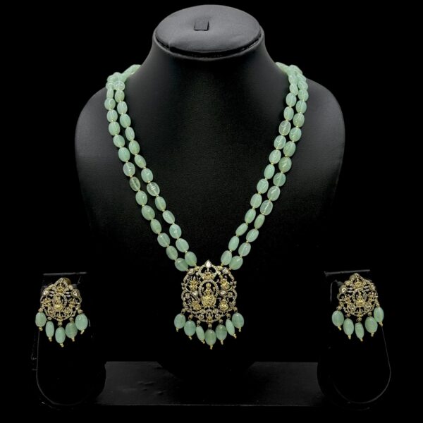 Victorian Necklace- Mint Color Stones- Lakshmi Design- AD Stones- Hanging Studs, Product Code: V-1576