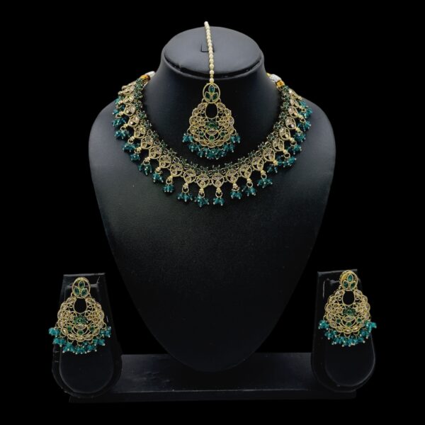 Mehandi Necklace Set- Peacock Blue Color- Hanging Earrings- With Maati, Product Code: V-2464