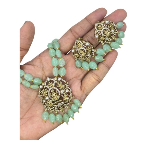 Victorian Necklace- Mint Color Stones- Lakshmi Design- AD Stones- Hanging Studs, Product Code: V-1576 - Image 2