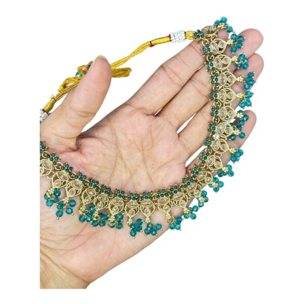 Mehandi Necklace Set- Peacock Blue Color- Hanging Earrings- With Maati, Product Code: V-2464 - Image 2