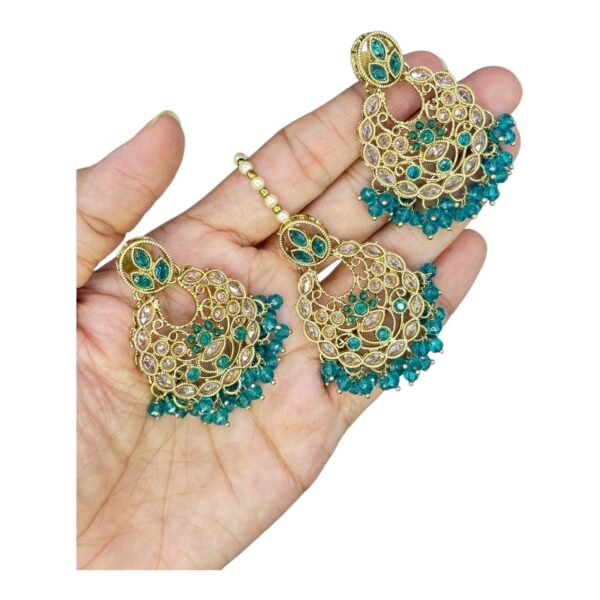 Mehandi Necklace Set- Peacock Blue Color- Hanging Earrings- With Maati, Product Code: V-2464 - Image 3