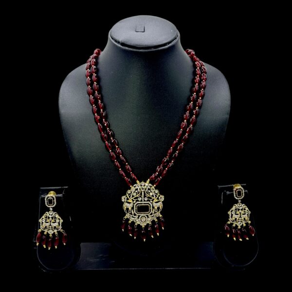 Victorian Necklace- Maroon Color Stone- AD Stones- Hanging Studs, Product Code: V-1577