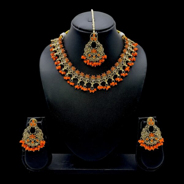 Mehandi Necklace Set- Orange Color- Hanging Earrings- With Maati, Product Code: V-2465