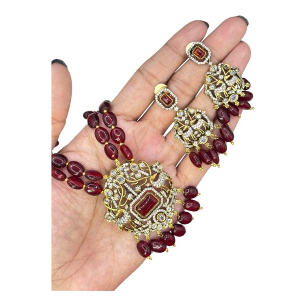 Victorian Necklace- Maroon Color Stone- AD Stones- Hanging Studs, Product Code: V-1577 - Image 2