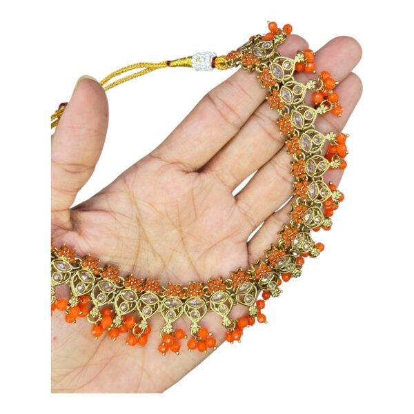 Mehandi Necklace Set- Orange Color- Hanging Earrings- With Maati, Product Code: V-2465 - Image 2