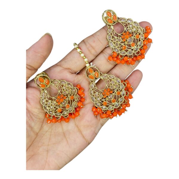 Mehandi Necklace Set- Orange Color- Hanging Earrings- With Maati, Product Code: V-2465 - Image 3