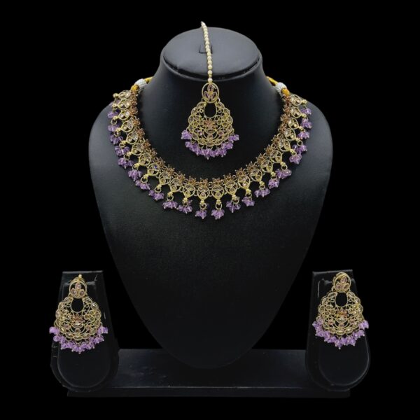 Mehandi Necklace Set- Violet Color- Hanging Earrings- With Maati, Product Code: V-2466