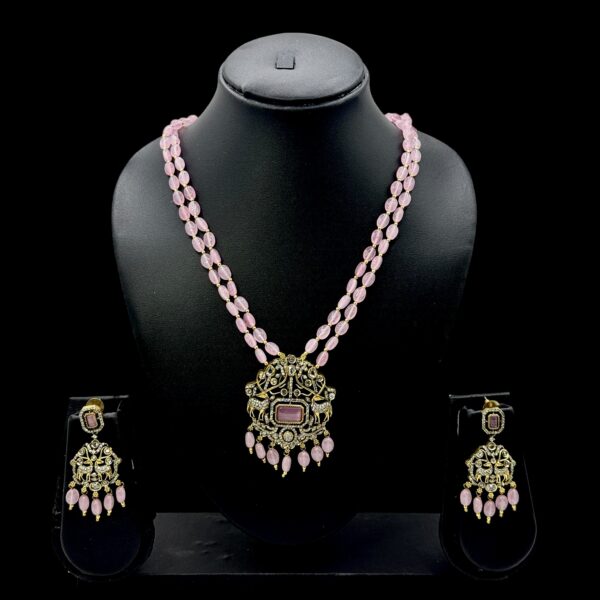 Victorian Necklace- Baby Pink Color Stone- AD Stones- Hanging Studs, Product Code: V-1579