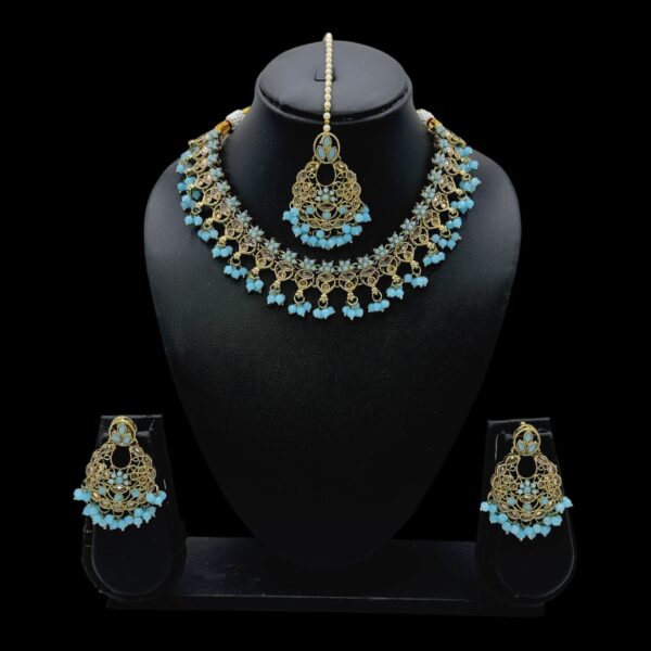 Mehandi Necklace Set- Blue Color- Hanging Earrings- With Maati, Product Code: V-2467