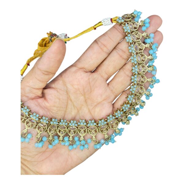 Mehandi Necklace Set- Blue Color- Hanging Earrings- With Maati, Product Code: V-2467 - Image 2