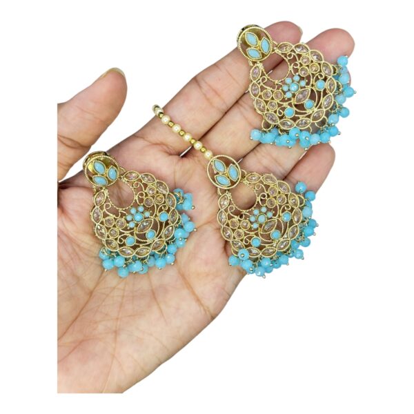 Mehandi Necklace Set- Blue Color- Hanging Earrings- With Maati, Product Code: V-2467 - Image 3