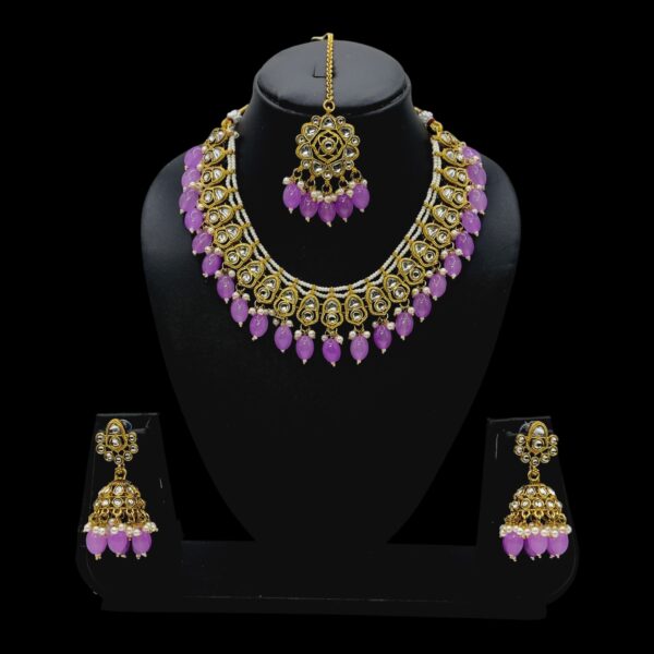 Kundan Necklace Set- Violet Color Beads Hangings- Jhumkas- With Maati, Product Code: V-2468