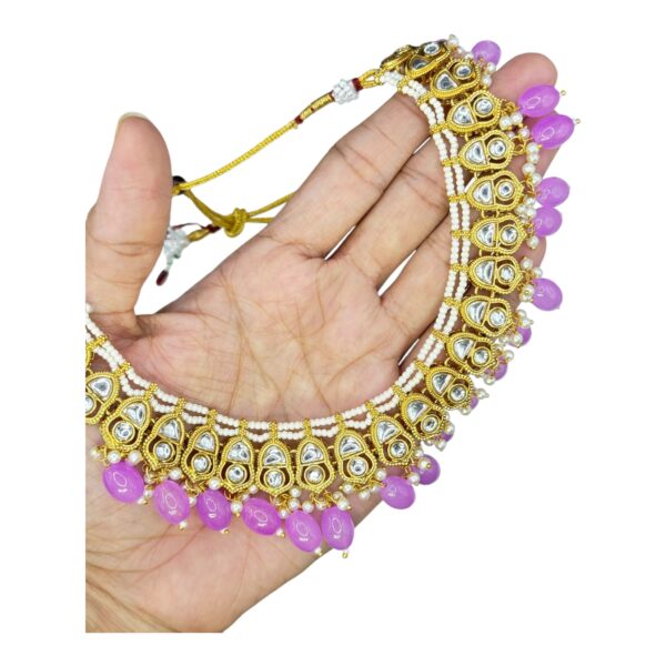 Kundan Necklace Set- Violet Color Beads Hangings- Jhumkas- With Maati, Product Code: V-2468 - Image 2