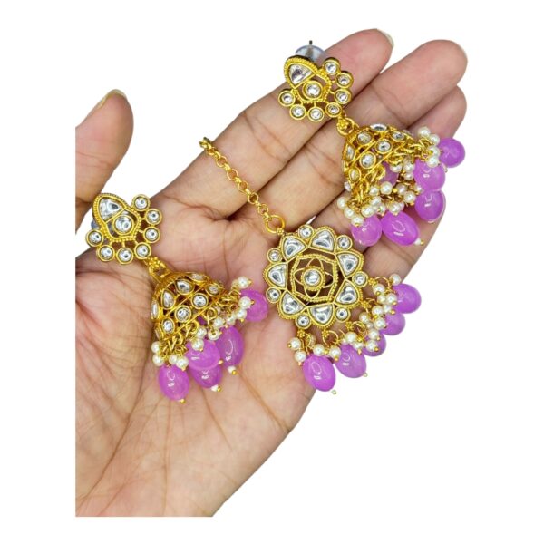 Kundan Necklace Set- Violet Color Beads Hangings- Jhumkas- With Maati, Product Code: V-2468 - Image 3