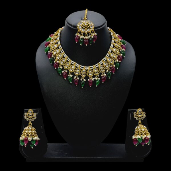 Kundan Necklace Set- Maroon And Green Color Beads Hangings- Jhumkas- With Maati, Product Code: V-2469