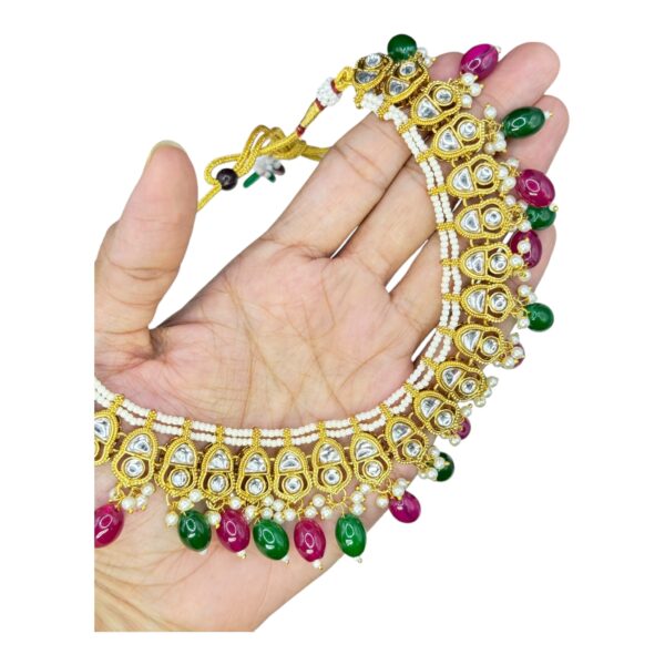 Kundan Necklace Set- Maroon And Green Color Beads Hangings- Jhumkas- With Maati, Product Code: V-2469 - Image 2