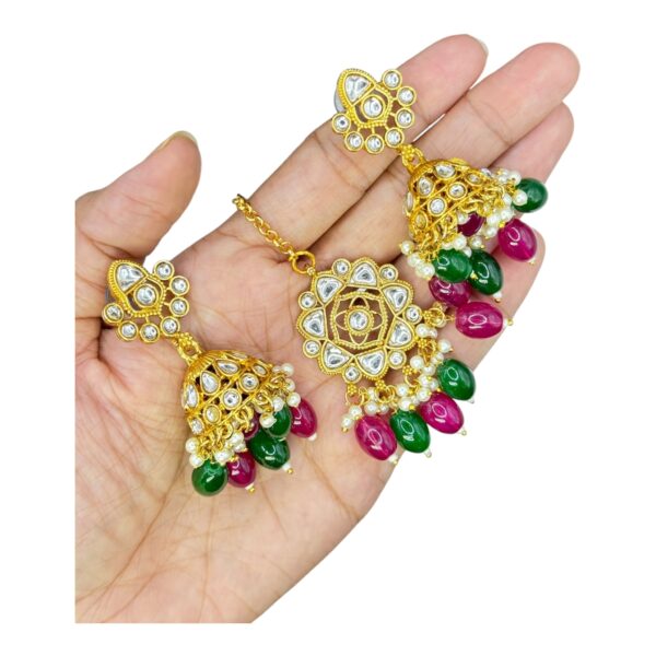 Kundan Necklace Set- Maroon And Green Color Beads Hangings- Jhumkas- With Maati, Product Code: V-2469 - Image 3