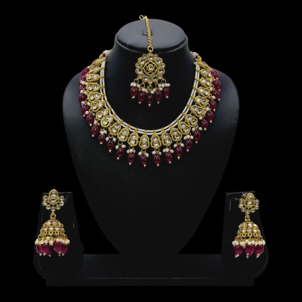 Kundan Necklace Set- Maroon Color Beads Hangings- Jhumkas- With Maati, Product Code: V-2470