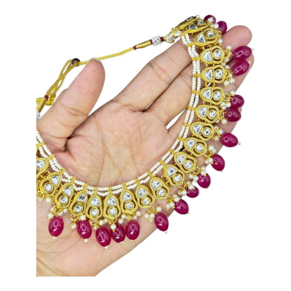 Kundan Necklace Set- Maroon Color Beads Hangings- Jhumkas- With Maati, Product Code: V-2470 - Image 2