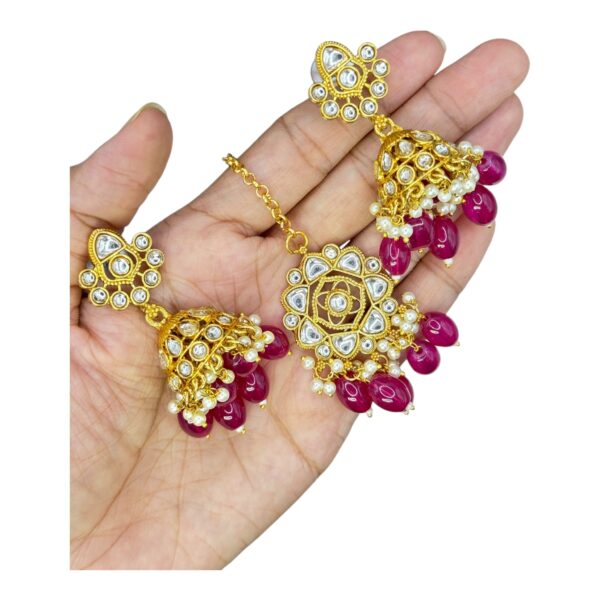 Kundan Necklace Set- Maroon Color Beads Hangings- Jhumkas- With Maati, Product Code: V-2470 - Image 3