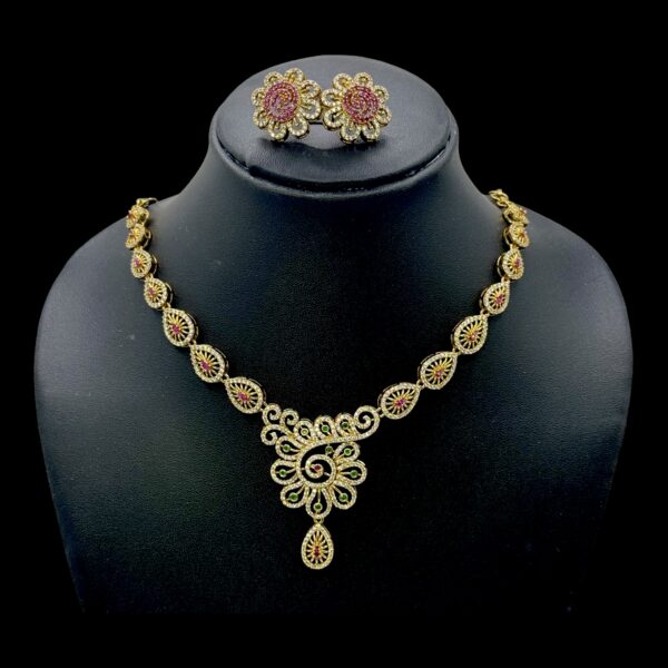 Premium AD Necklace- Gopi Necklace- Ruby, Green & AD Stones- Studs, Product Code: V-1583