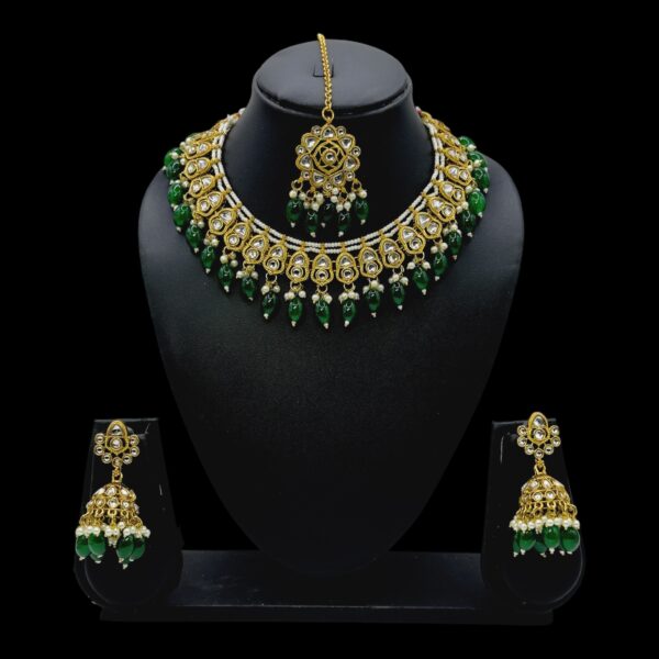 Kundan Necklace Set- Green Color Beads Hangings- Jhumkas- With Maati, Product Code: V-2471