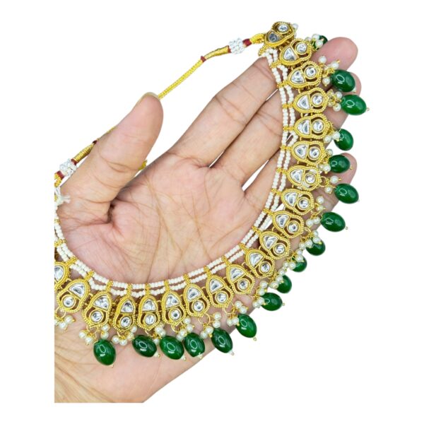 Kundan Necklace Set- Green Color Beads Hangings- Jhumkas- With Maati, Product Code: V-2471 - Image 2