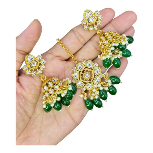 Kundan Necklace Set- Green Color Beads Hangings- Jhumkas- With Maati, Product Code: V-2471 - Image 3