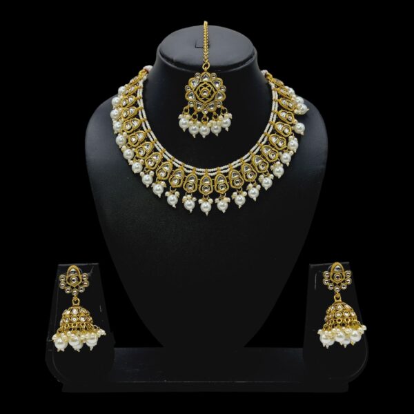 Kundan Necklace Set- White Color Beads Hangings- Jhumkas- With Maati, Product Code: V-2472