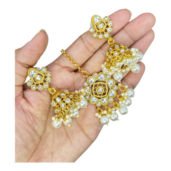 Kundan Necklace Set- White Color Beads Hangings- Jhumkas- With Maati, Product Code: V-2472 - Image 3