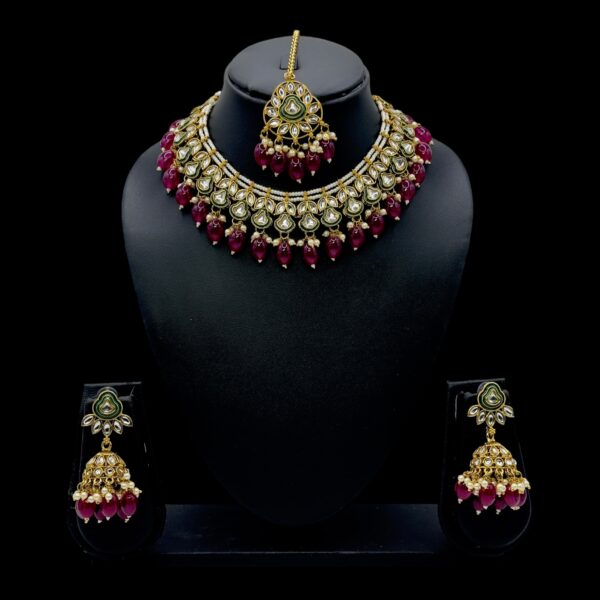 Kundan Necklace Set- Maroon Beads Hangings-Jhumkas- With Maati, Product Code: V-2473